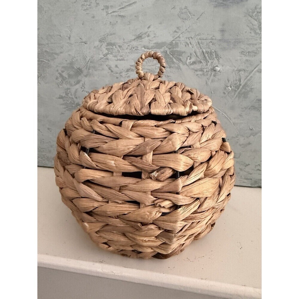 Woven Bee Hive Wicker Basket w/Lid Inner Container Rustic Boho Storage Decor